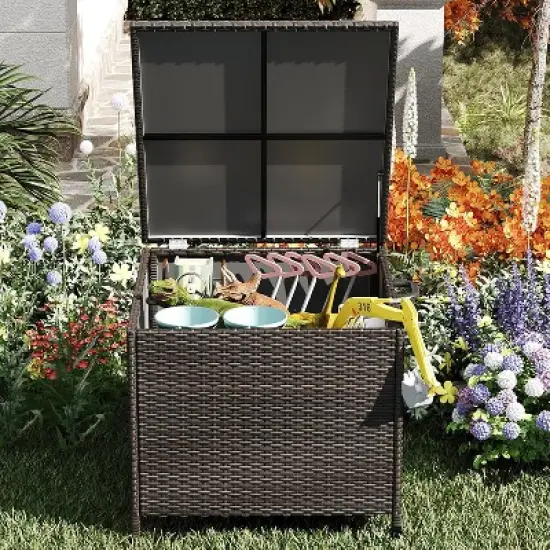 WhizMax Outdoor Storage Box, 80 Gallon Deck Box, Waterproof PE Rattan Storage Bench for Patio Cushions, Gardening Tools, Pool Accessories, Brown image {3}
