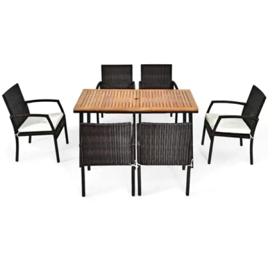 Tangkula 7PCS Patio Rattan Furniture Dining Set Wooden Table Cushioned Chair image {7}