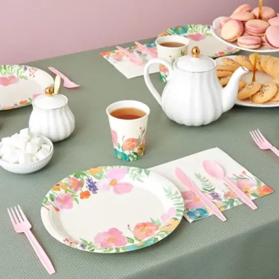 144 Piece Watercolor Tea Party Supplies with Pink Floral Paper Plates, Napkins, Cups, and Cutlery, Disposable Tableware Set, Serves 24 image {2}