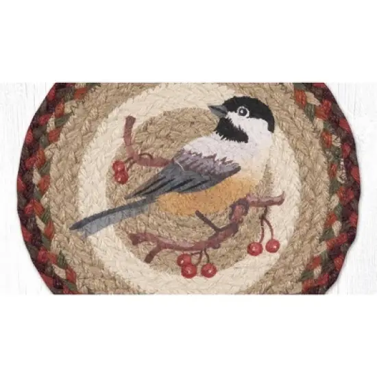 Earth Rugs Chickadee Round Trivet &ndash; 10" Songbird Print on Braided Natural Jute Table Mat image {1}