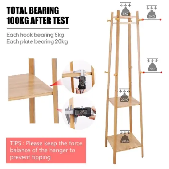 Artloge 3 Tier Free Standing Garment Organizer Natural Bamboo Coat Rack Corner Tall Garment Rack with 8 Hooks for Bedroom Living Room Entryway image {3}
