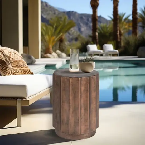 LuxenHome Outdoor Side Table,18" Weathered Copper Brown Cement Round Patio End Table,Accent Table for Outdoor and Indoor image {4}