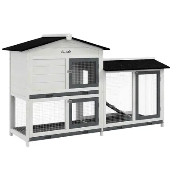 PawHut 2-Story Rabbit Hutch Wooden Bunny Hutch Cage Small Animal House with Ramp No Leak Tray Weatherproof Roof and Outdoor Run Indoor/Outdoor image {7}