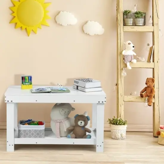 Costway Solid Wood Kids Activity Play Table Block Table Multifunction W/Storage White image {3}