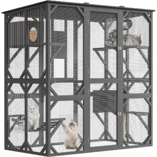 Acekool 70" Walk-In Wooden Outdoor Cat Enclosure with 4 Platforms, 2 Cat Houses, Hammock, Window Passage, 68" x 36.4" x 70" image {7}