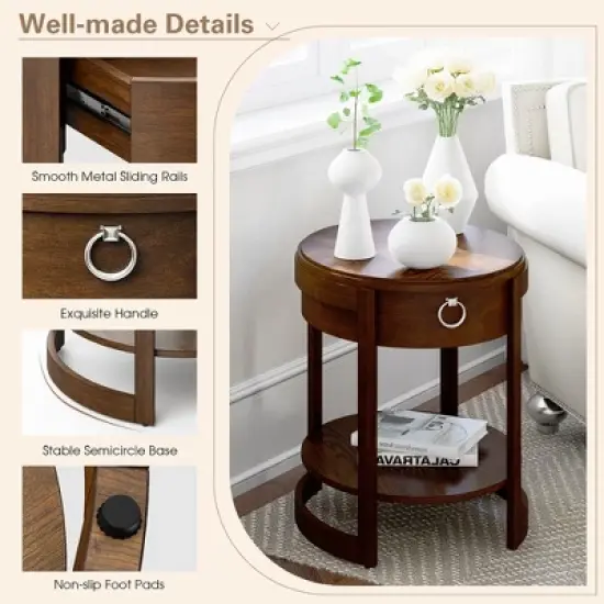Costway  Side End Table with Drawer Storage Shelf Classic Accents Nightstand Walnut Elliptical image {5}