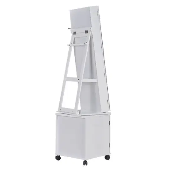 VECELO Mirrored Jewelry Cabinet 360&deg; Swivel Freestanding Jewelry Organizer LED-Lit Makeup Organizer with Bottom Storage Cabinet, White image {4}