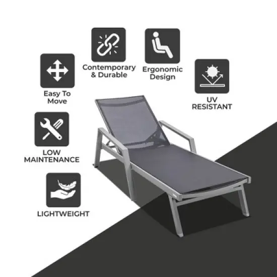 LeisureMod Marlin Modern Patio Sling Chaise Lounge Chair with Arms in Grey Aluminum &ndash; Outdoor Patio, Poolside, Balcony, Garden, Deck Seating image {2}