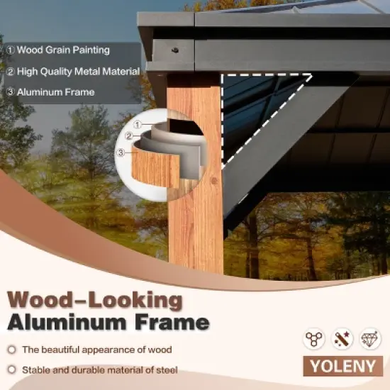 Erommy 12' X 20' Ultra-Thick Columns and Beams Hardtop Gazebo with Faux Wood Grain Aluminum Frame, Vertical Stripe Galvanized Steel Double Roof image {7}