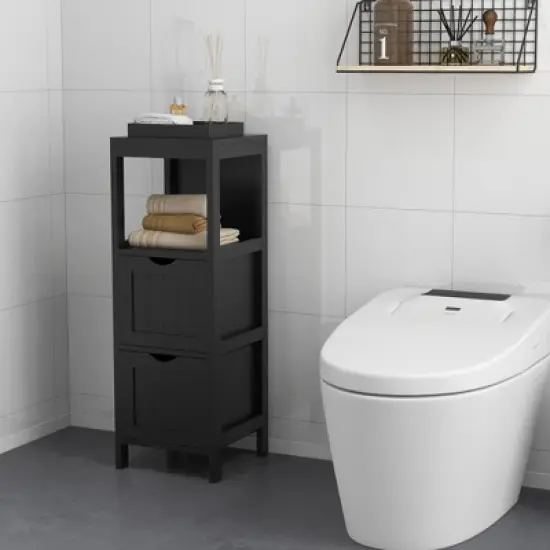 Costway Bathroom Floor Cabinet Freestanding Side Storage Organizer with 2 Removable Drawers Brown/Grey/Black image {1}
