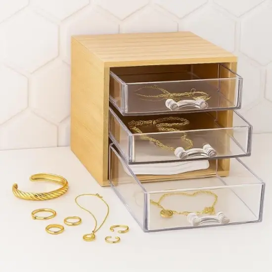 Bamboo Cotton Swab & Ball Organizer w/ 3 Acrylic Drawers, Lightweight Nonslip Bathroom Storage Box for Q-Tips, Cotton Balls & Personal Care Essentials image {1}