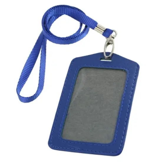 Unique Bargains Faux Leather Badge ID Card Vertical Holders Blue 2 Pcs with Neck Strap image {1}
