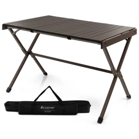 Costway 4-6 Person Portable Aluminum Camping Table Lightweight Roll Up Table Grey/Brown image {10}