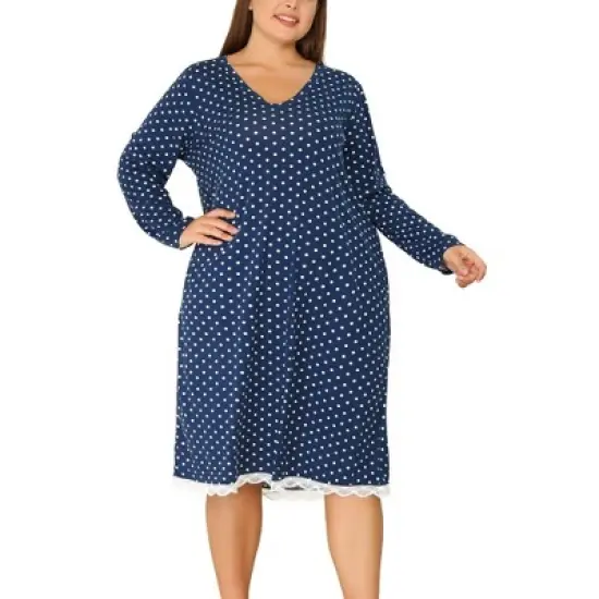 Agnes Orinda Women's Plus Size Polka Dots Lace Long Sleeve Nightgown image {5}