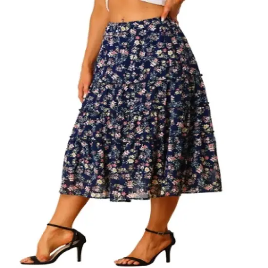 Allegra K Women's Floral Elastic Waist Tiered Ruffle Boho Midi Skirts image {14}