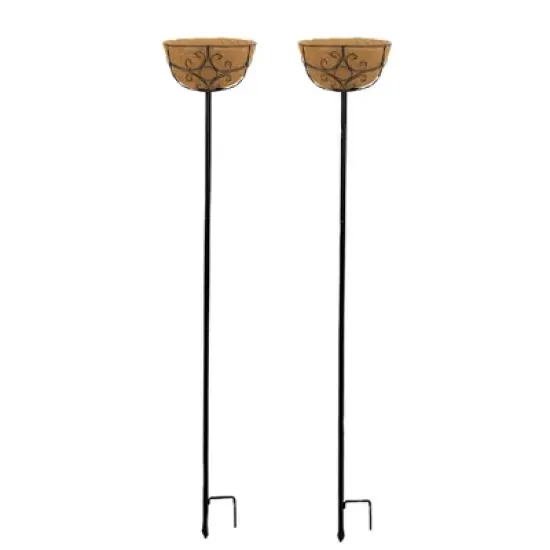 Panacea Outdoor Garden Stakes with Coco-Lined Planter Baskets, Black, 69in (Pack of 2) image {6}