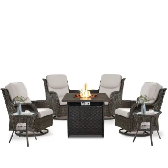 Belord 7 Pieces Patio Furniture Set, All Weather Wicker Outdoor Conversation Set with Swivel Rocker Patio Chair, Side Table and Propane Firepit Table image {11}