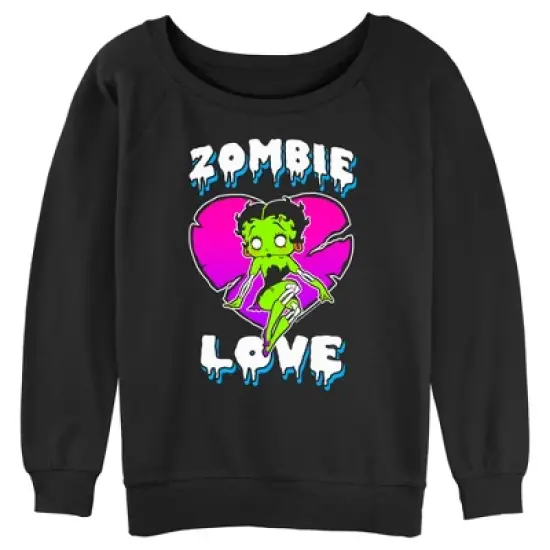 Junior's Betty Boop Halloween Green Zombie Love Sweatshirt image {3}