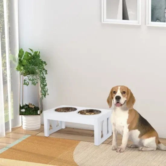DSVIMOY 23" Wooden Dog Food Bowls, Pet Elevated Feeding Station, White, 23"*12"*10" image {1}