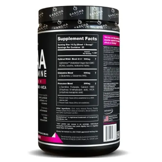 Sascha Fitness BCAA 4:1:1 with Glutamine, HMB, L-Carnitine, HICA | Natural Grape Flavor 12.8 oz image {1}