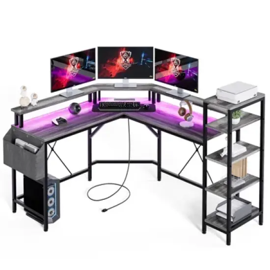 61 Inch l-Shaped Gaming Desk, Ergonomic Computer Desk, with 5-Tier Shelves, LED, Power Outlet & Storage Bag, Corner Computer Table, for Home Office image {2}
