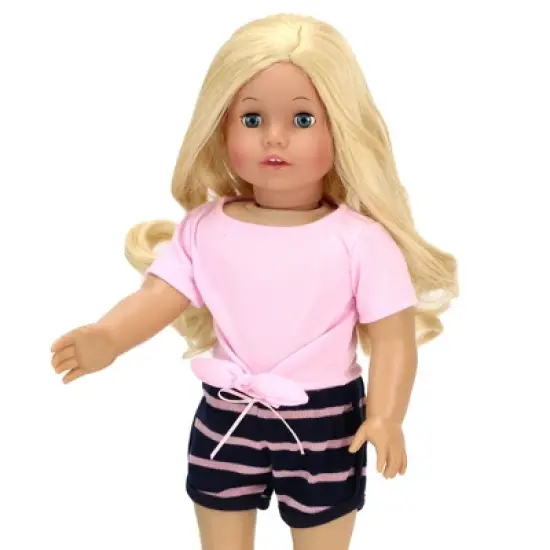 Sophia&rsquo;s 2 Piece Summer Outfit with Tie Front Tee and Striped Shorts for 18" Dolls, Pink/Navy image {3}