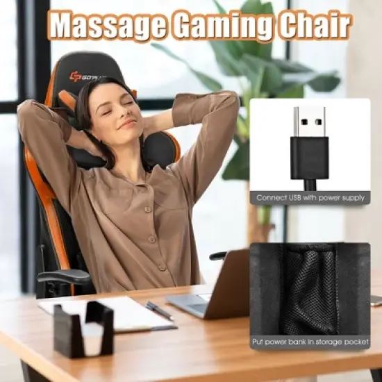 Costway Massage Gaming Chair Reclining Racing Chair with Lumbar Support &Footrest Orange image {5}
