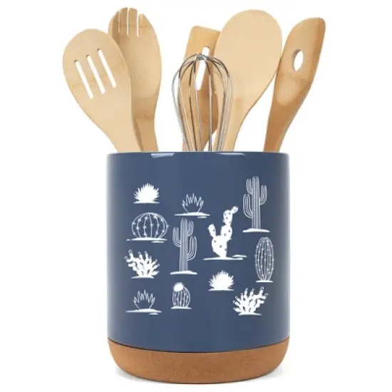 Elanze Designs 8 inch Cactus Desert Plant Pattern Large Ceramic Kitchen Utensil Holder Navy Blue and White Crock with Cork Base image {5}