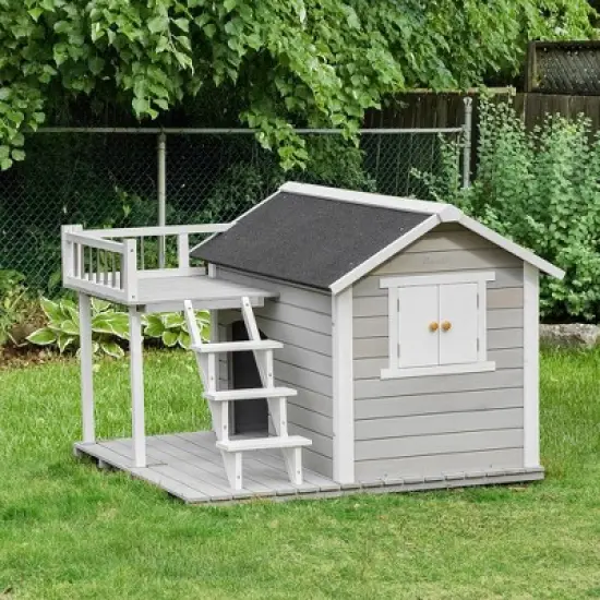 PawHut Wooden Outdoor Dog House, 2-Tier Raised Pet Shelter, with Stairs, Weather Resistant Roof, and Balcony, for Medium, Large Dogs Up To 55 lbs image {1}