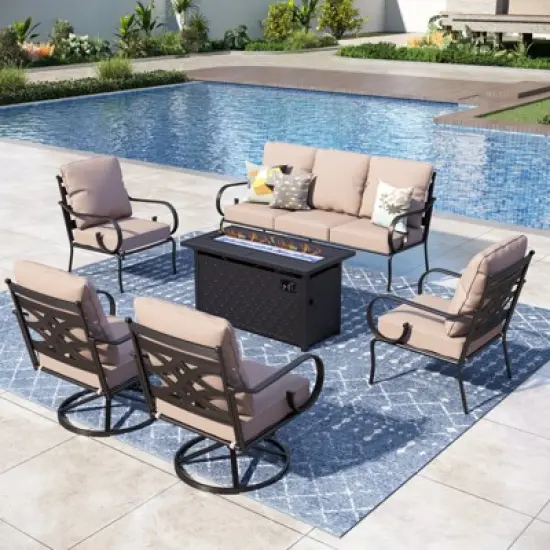 Captiva Designs 6pc Extra Large Metal Outdoor Patio Fire Pit Set with Swivel Pattern-back Chairs image {11}