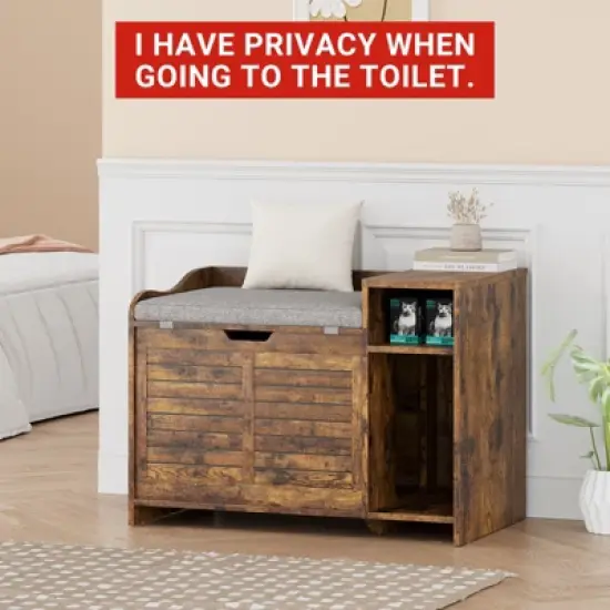 COZONY Cat Litter Box Enclosure Furniture with Flip Top, Hidden Kitty Washroom Bench with Cushion & Air Vents, Entryway Shoe Cabinet Cat House image {7}