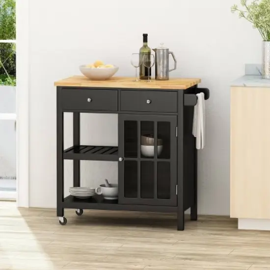 Byway Contemporary Kitchen Cart with Wheels Black/Natural - Christopher Knight Home image {1}