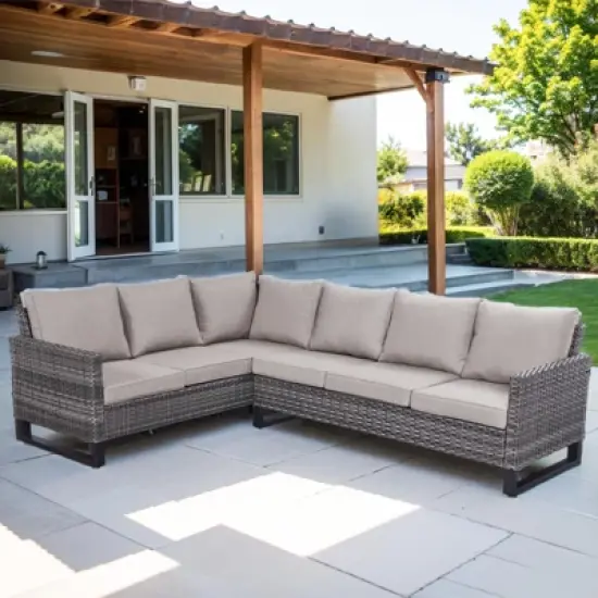 Buenhomino 6-Seater Outdoor Sectional Sofa L Shaped Couch Patio Conversation Furniture Set, Wicker Patio Sectional Sofa with Removable Cushion image {12}
