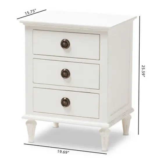Venezia French - Inspired Rustic Washed Wood 3 - Drawer Nightstand - White - Baxton Studio image {8}