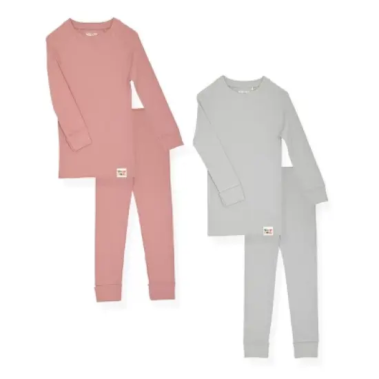 Sleep On It 100% Organic Cotton 4Pc Ribbed Knit Snug Fit Pajama Set - Pink/Gray image {3}