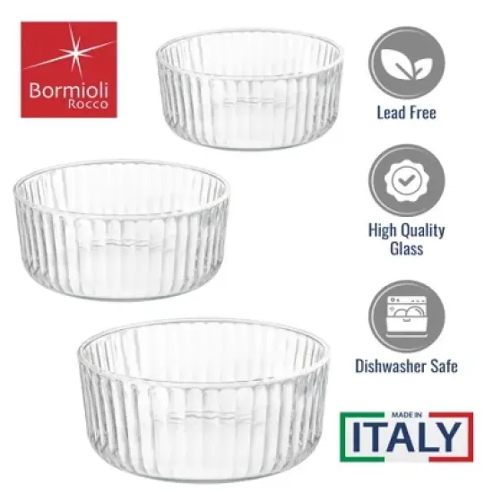 Bormioli Rocco Exclusiva Glass Bowl Set of 3 &ndash; 7", 6", 4.75" Stackable Serving Bowls &ndash; Decorative 3-Size - Dishwasher Safe, Light-Reflective image {3}
