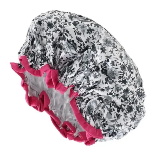 Unique Bargains Women Double Layer Flowers Shower Cap Black White 1 Pc image {3}