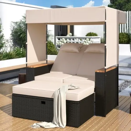 Outdoor Patio Rattan Daybed, 2 Pcs Daybed with Adjustable Backrests and Roof, Loveseat Bench Lounge with Cushions and Pillows-Coolbibila image {7}