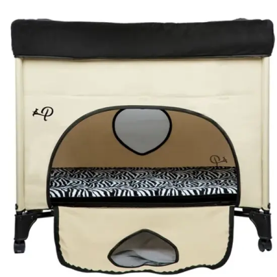 Petique Bedside Lounge 2 Level Foldable Wheeled Pet Bunk Bed & Cot w/ 2 Memory Foam Mattresses, Machine Washable Covers, & Travel Bag, Zebra Vibes image {3}