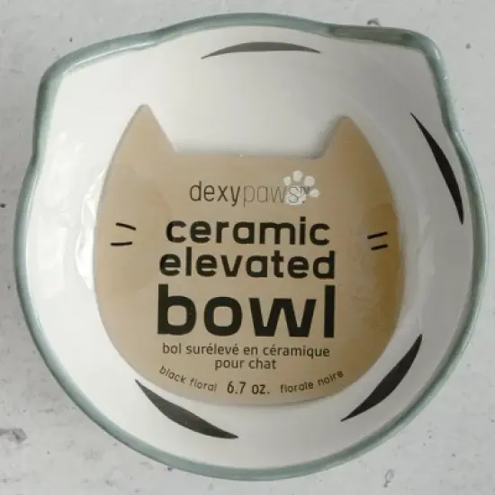 Dexypaws: Elevated Ceramic Cat Bowl, Floral White & Black, 7oz, Pet Feeding Dish image {2}