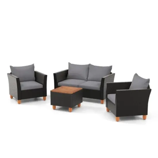 Tangkula 4 PCS Wicker Patio Furniture Set w/ Removable Cushions Storage Coffee Table image {10}