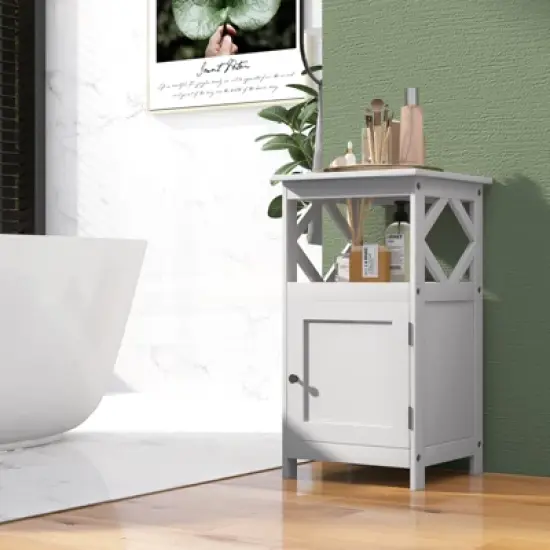 Tangkula Bathroom Floor Cabinet Single Door Storage Cabinet with Open Compartment Anti-Toppling Device Grey/White image {3}