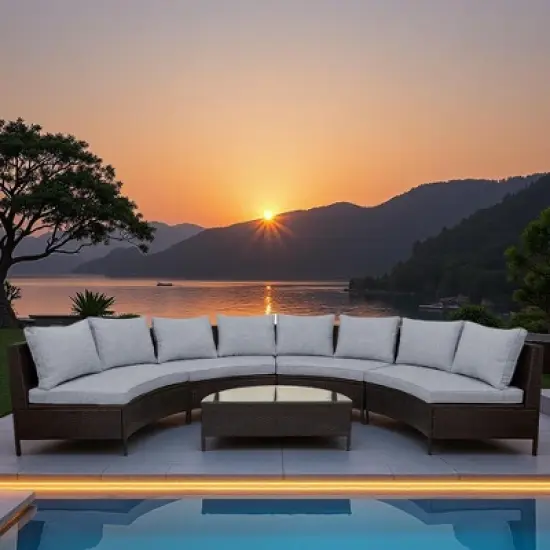 5-Piece Outdoor Rattan Half-Moon Sectional Sofa Set with Tempered Glass Coffee Table image {17}