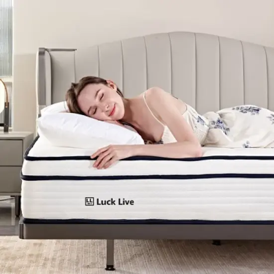 Luck Live 12 inch boxed Queen mattress, medium firmness support, pressure relief, and CertiPUR-US certified. image {4}