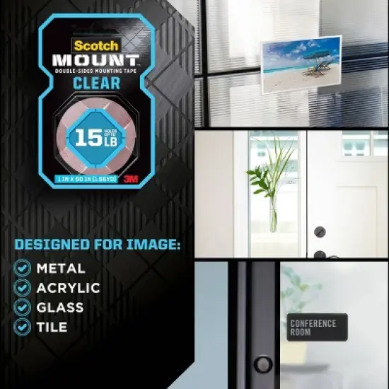 Scotch Mount Double-Sided Mounting Tape Clear 1" x 60": Heavy Duty Wall Tape, Double Stick for Art & Office image {3}