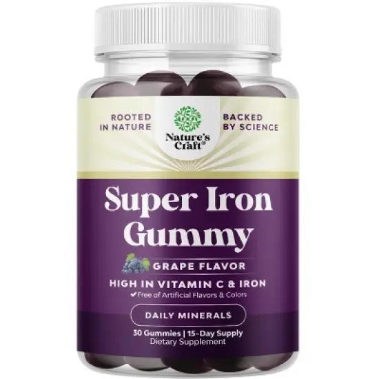 Super Iron Gummy, Chewable Iron Supplement for Women and Men with Vitamin C for Higher Absorption, Grape Flavor, Nature's Craft, 30ct image {5}