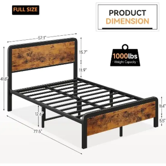 Queen Bed Frame with Headboard, Flannel Stool and 2 Storage Drawers, Metal Platform Bed Frame, Safe Rounded Corners, No Noise, No Box Spring Needed image {1}