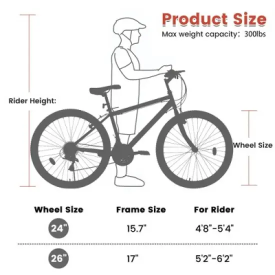 NAYSAYE Bicycle 24 Inch Mountain Bike Frame 21 Speed Dual V Brakes for Adults and Teens for Mountain Riding, Black and Red, 64.57"*24.8"*34.65" image {2}