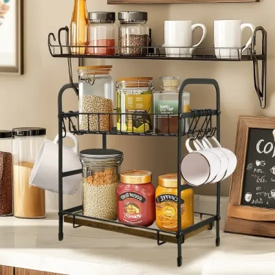 Artloge 2 Tier Mug Cup Holder Stand Coffee Bar Station Organizer Cup Drying Rack with 12 Hooks for Home Bar, Kitchens, Coffee Shop image {1}