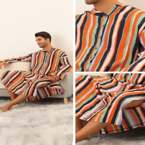 Lars Amadeus Men's Long Sleeves Button Striped Nightgown with Pockets image {2}